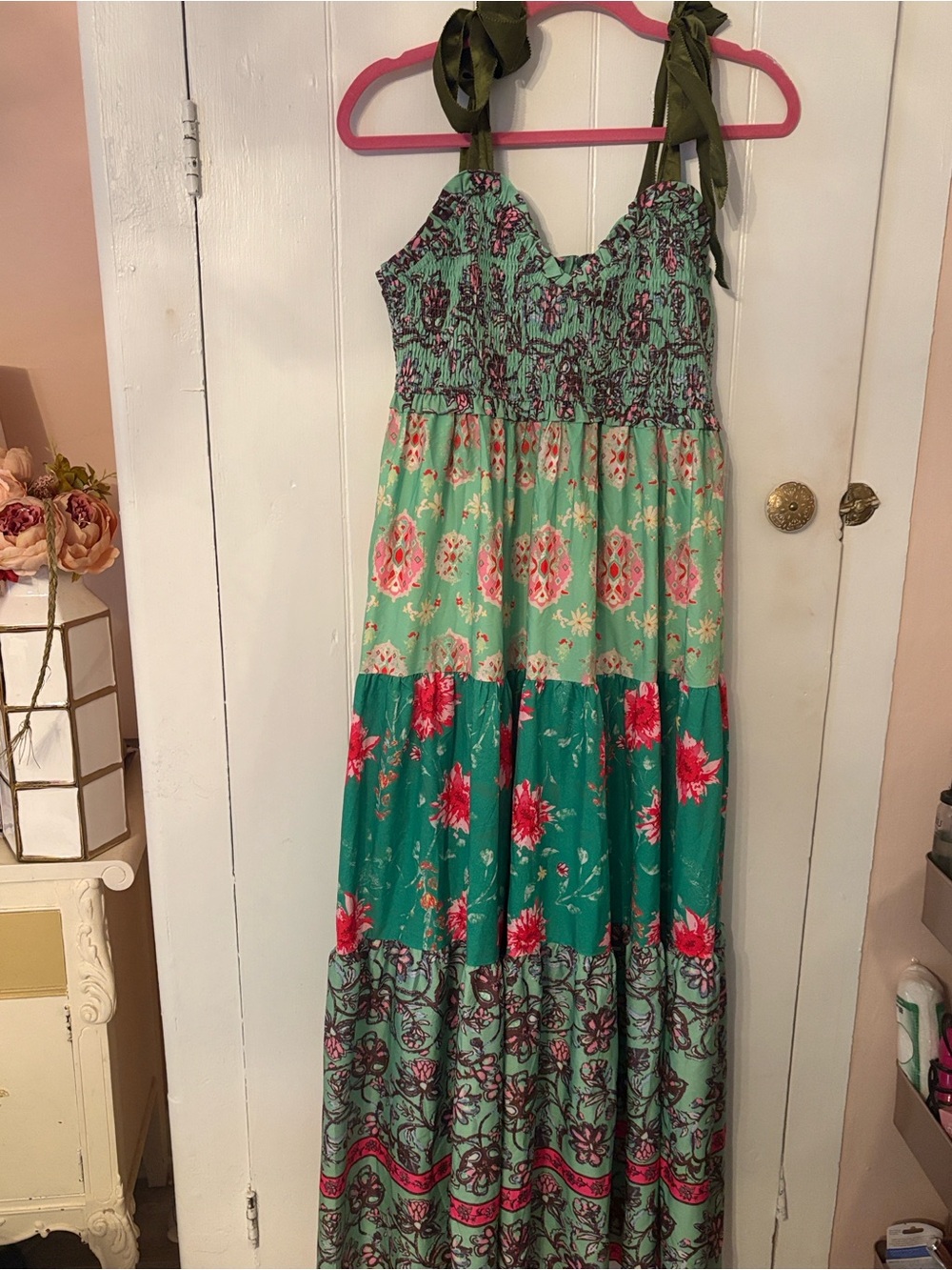 Floral Tiered Smocked Top Maxi Dress w Olive Tie Straps - Mint & Teal EUC Large